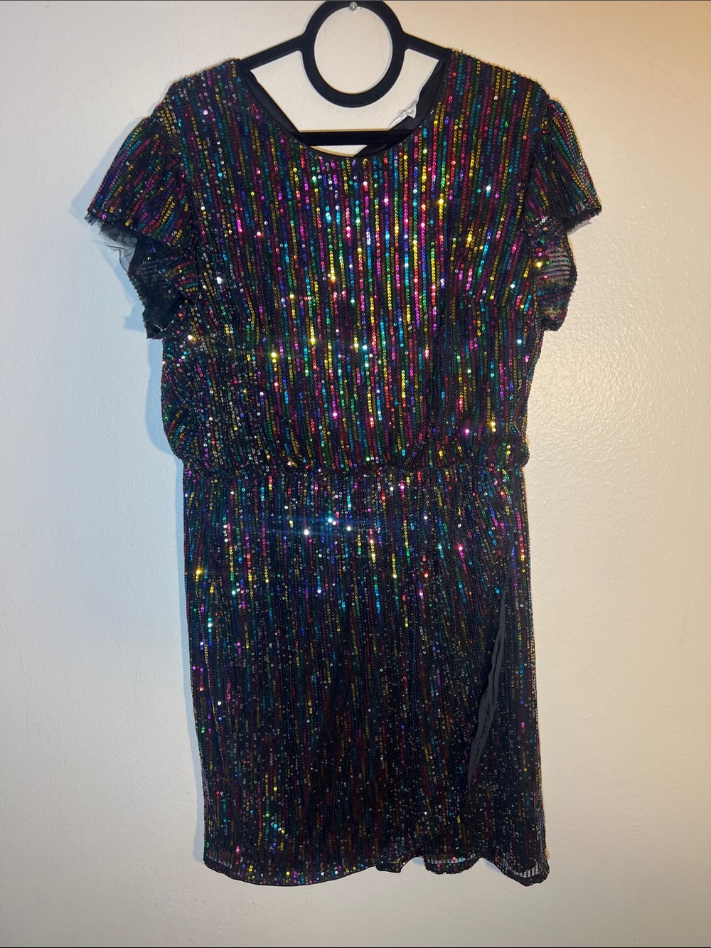 Grace Karin Black Multi-Color Sequin Cocktail Part Stripe Dress Short Sleeve XL